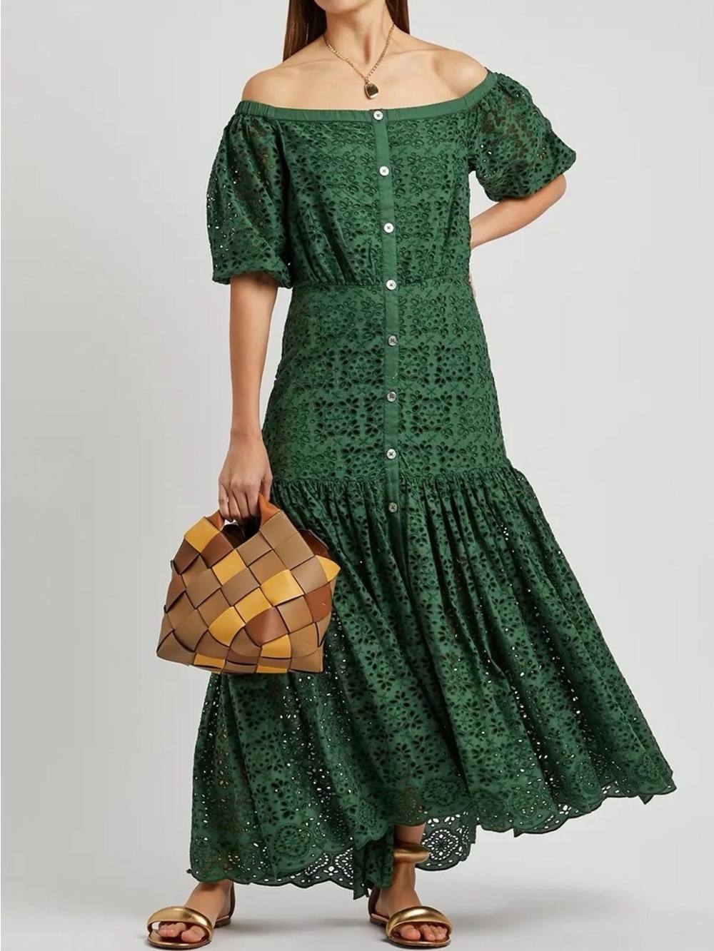 NWT! Veronica Beard Off-Shoulder Forest Green Eyelet Midi Dress | Size 6